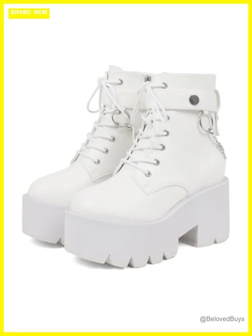 Platform Ankle Boots with Punk Chain, Wedge Heel, Lace Up & Side Zipper, Faux